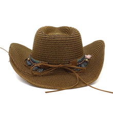 Load image into Gallery viewer, Western Style Belt Cowboy Straw Hat Outdoor Beach Hat: Milky White

