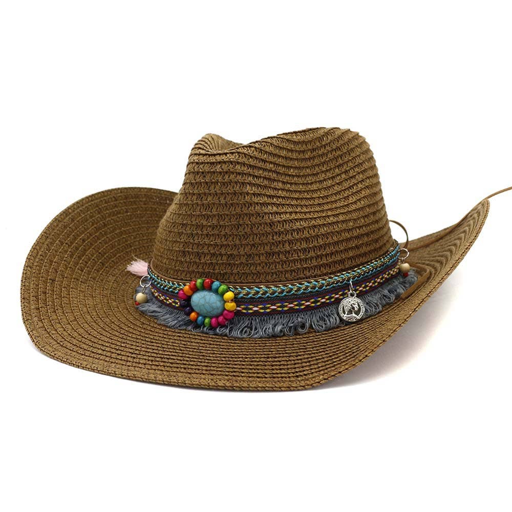 Western Style Belt Cowboy Straw Hat Outdoor Beach Hat: Brown
