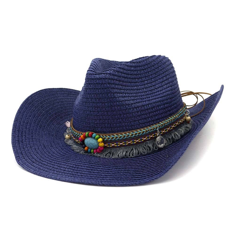 Western Style Belt Cowboy Straw Hat Outdoor Beach Hat: Navy