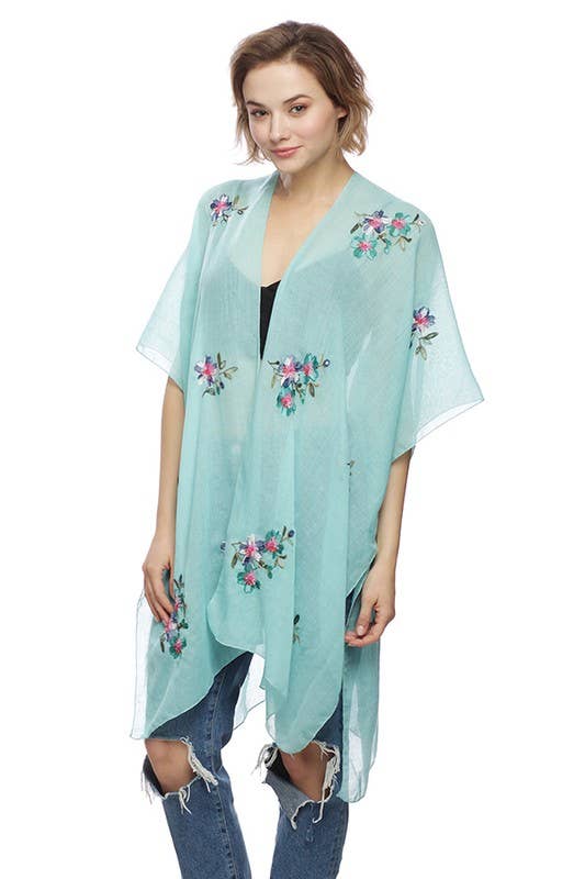 Floral Embroidery Ruana: Mint