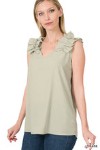 Load image into Gallery viewer, Woven Ruffled Shoulder Trim Sleeveles Top: 1-1-2-2 (S-M-L-XL) / LT SAGE
