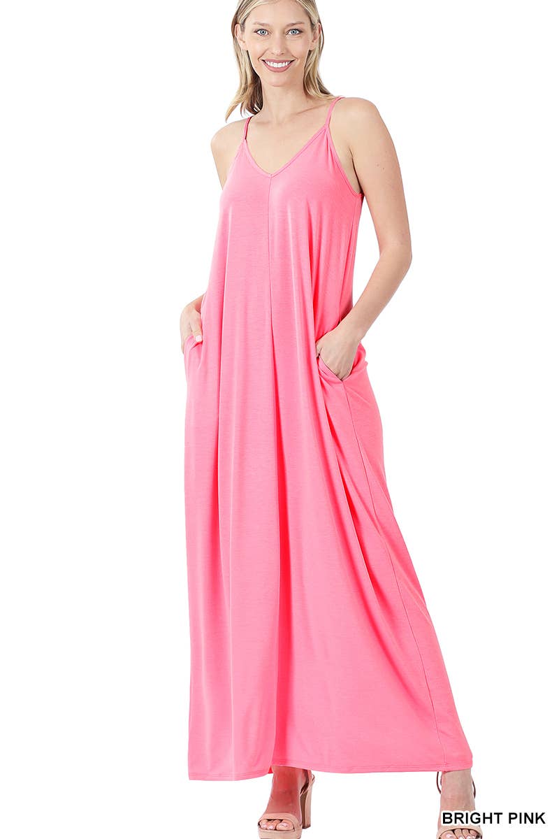 V-neck Cami Maxi Dress With Side Pockets: 1-2-2-1 (S-M-L-XL) / BRIGHT PINK