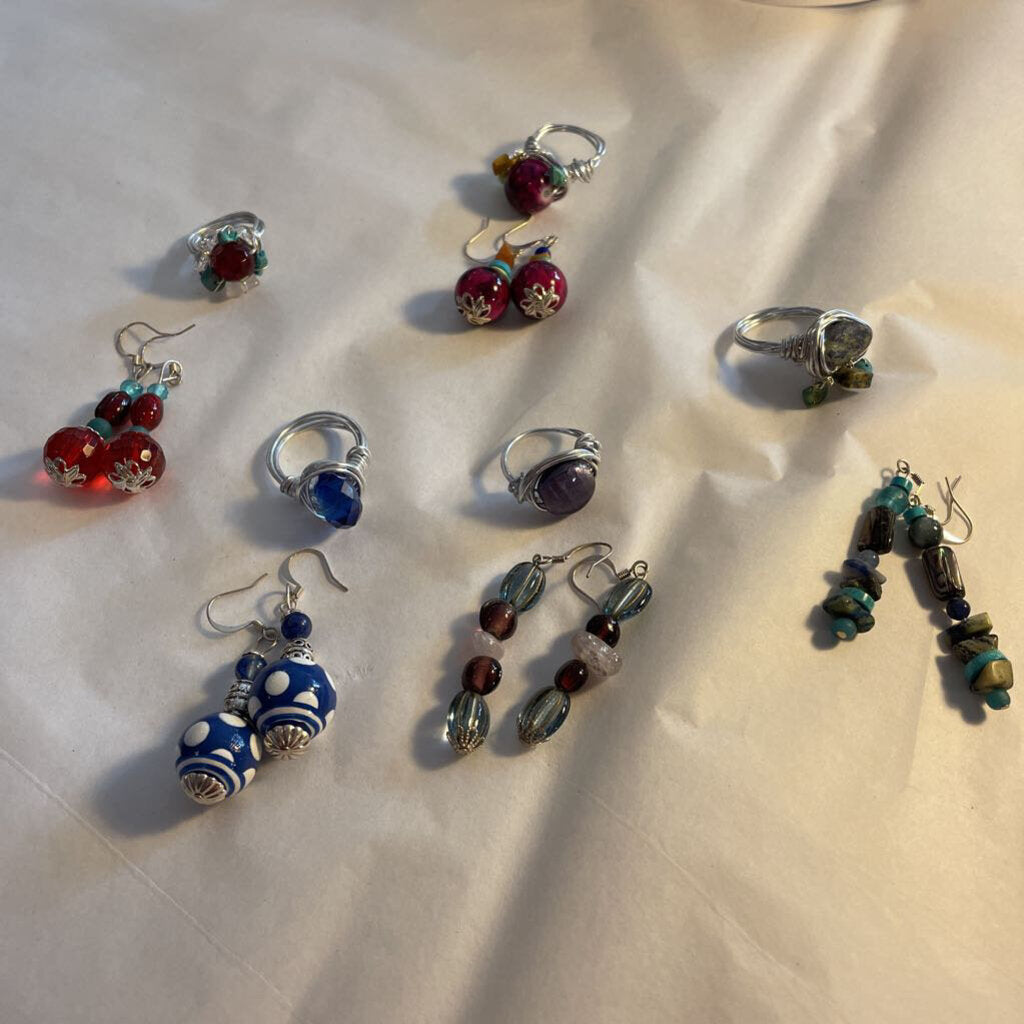 Asst SS Gemstone Wire Wrapped Ring & Earrings Set Ring Sizes in Pics