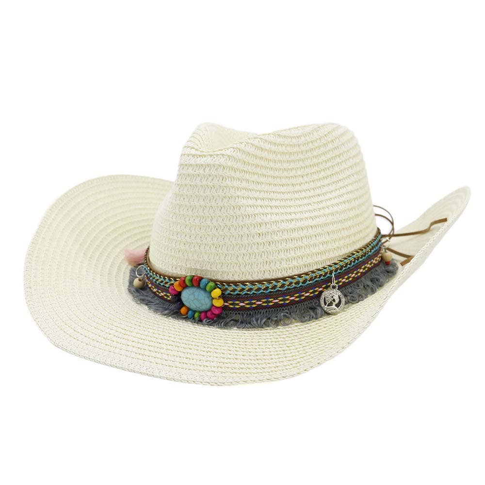 Western Style Belt Cowboy Straw Hat Outdoor Beach Hat: Milky White