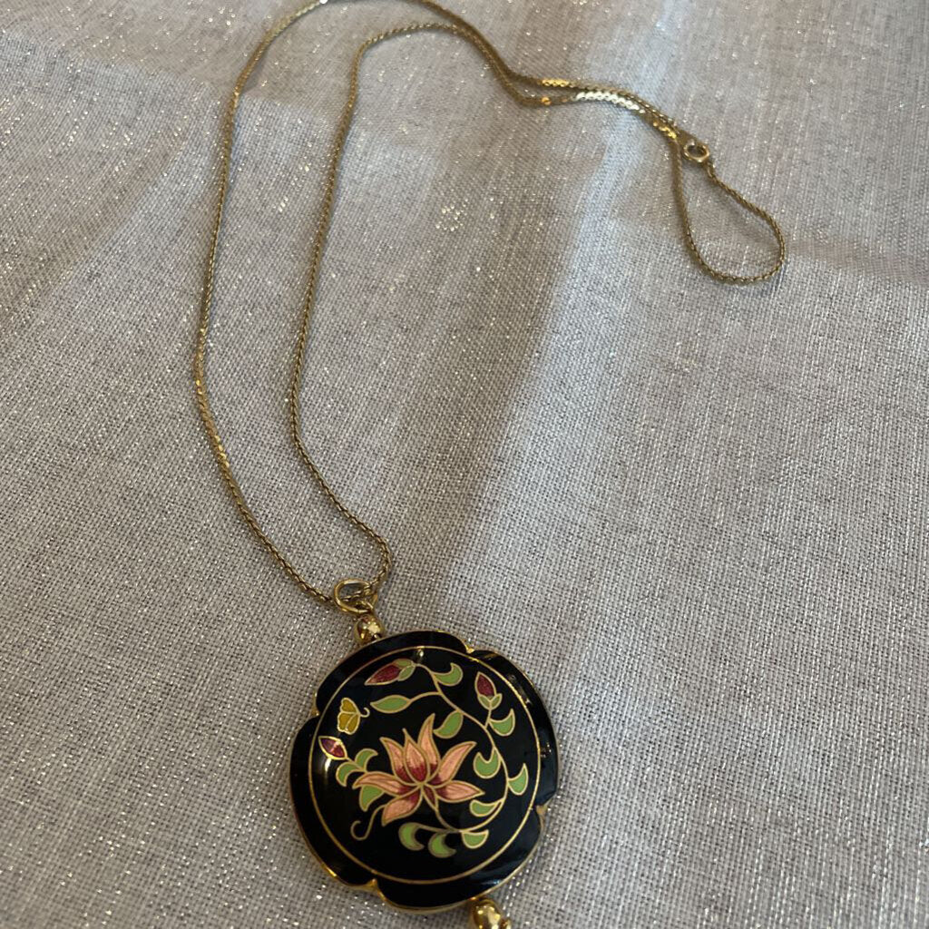 Gold Tone Necklace w/ Painted Enamel Disc Charm 24