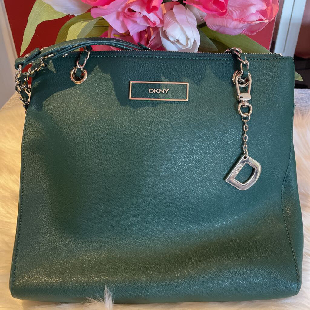 DKNY Leather Hunter Green Tote w/ Chain Wrapped Handles