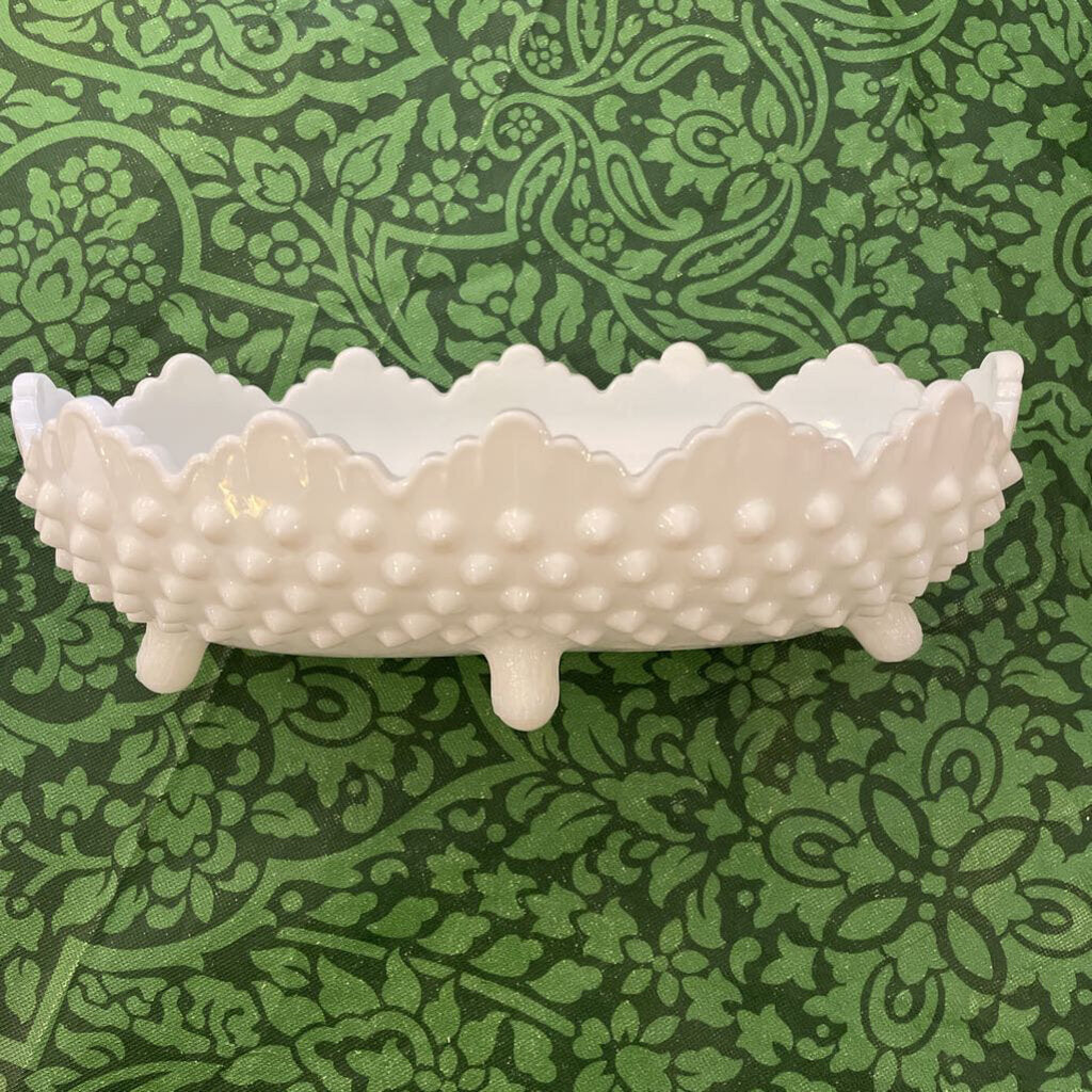 Vintage Fenton Milk Glass Hobnail Footed Oval Candy Dish